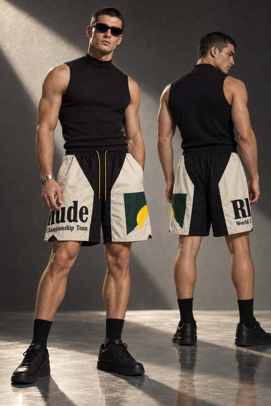 Rhude Championship Team Sunset Panel Logo Shorts Black White